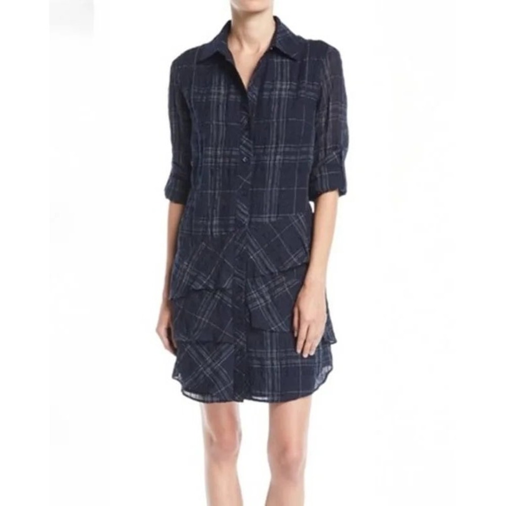 Finley Navy Plaid Linen Cotton Ruffle Roll Sleeve Mini Shirt Dress Preppy USA/S
